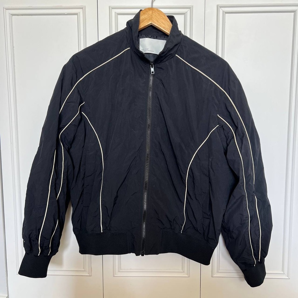 OAK + FORT Black Bomber Jacket with White Accents